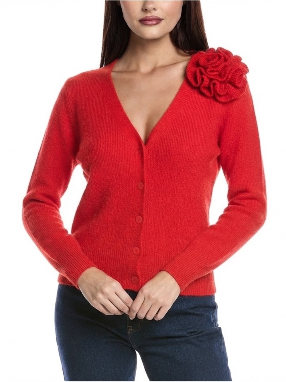 NWT Elie Tahari Red V-Neck Cardigan Sweater w/ 3D Floral Shoulder Rose Size XS
